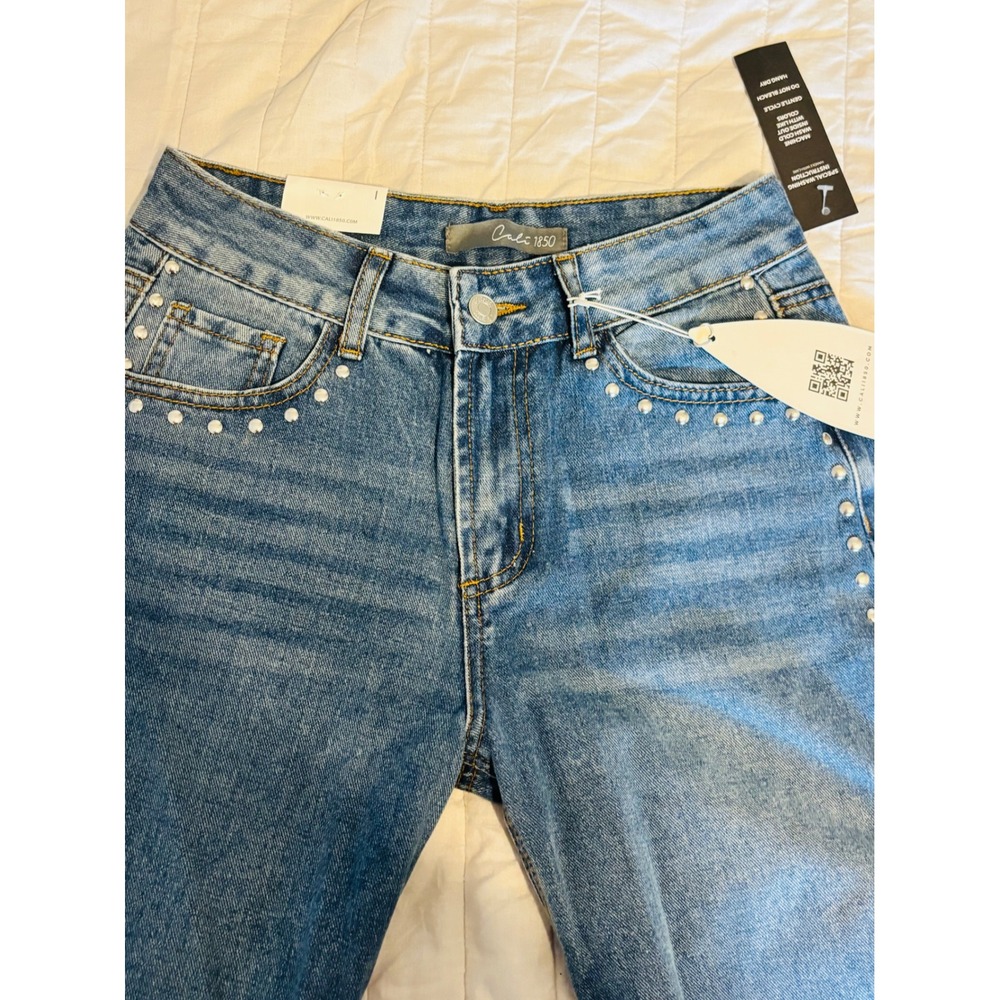 Cali 1850 Womens Studded Wide Leg Jeans‎ Medium Wash Blue Denim Size 1 NEW - Picture 5 of 9